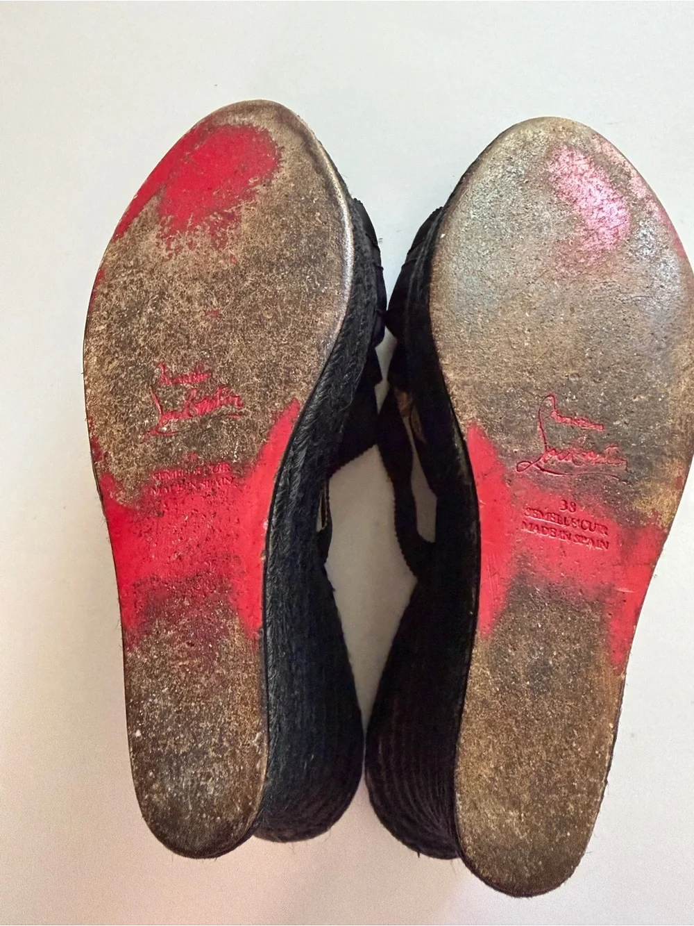 Christian Louboutin Black Woven Espadrille Wedge Sandals Fair condition